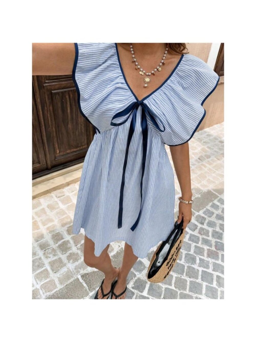 Striped Ruffle Sleeve Mini Dress - Picture 2 of 13